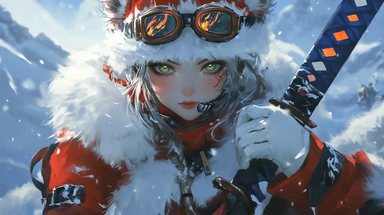 Girl in red winter outfit with katana and goggles