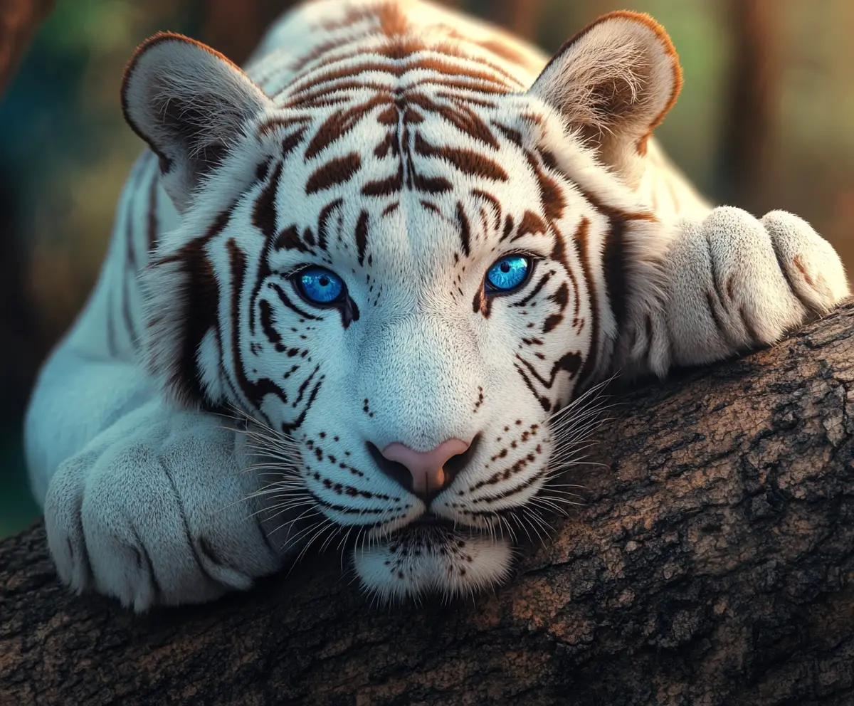 White tiger close up portrait with piercing blue eyes