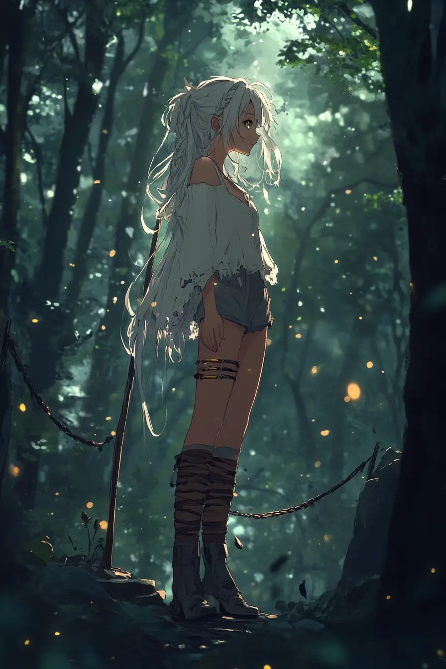 Anime girl in a glowing forest treehouse balcony