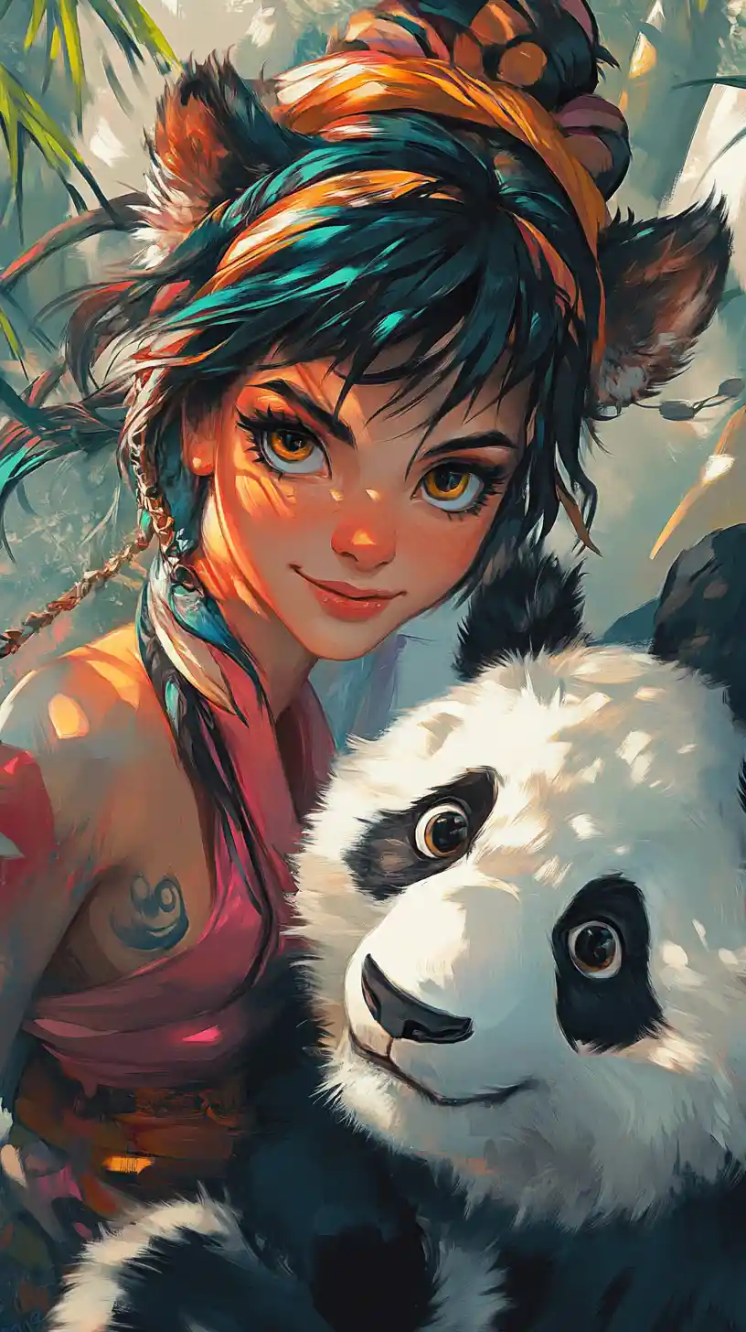 Anime tiger girl and panda warrior in close up portrait