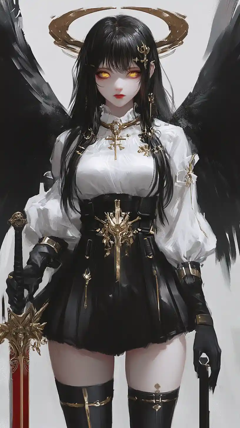 Dark halo girl with golden eyes and angel wings