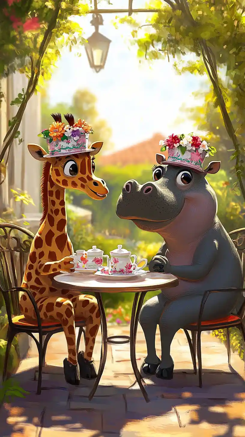 Anthropomorphic giraffe and hippo having tea in garden