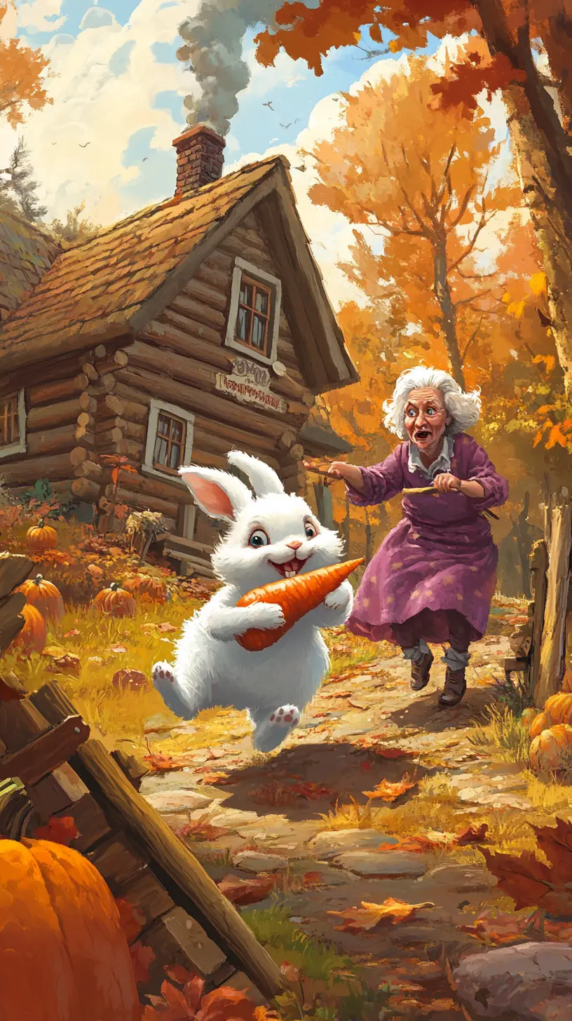 White Rabbit Running With Carrot In Autumn Countryside