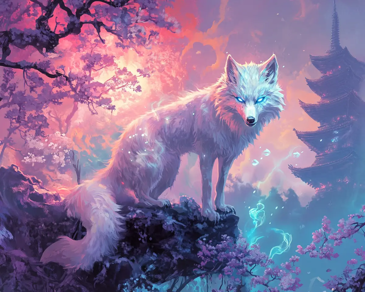 Intimidating Tiny Wolf On Glowing Cherry Blossom Branch