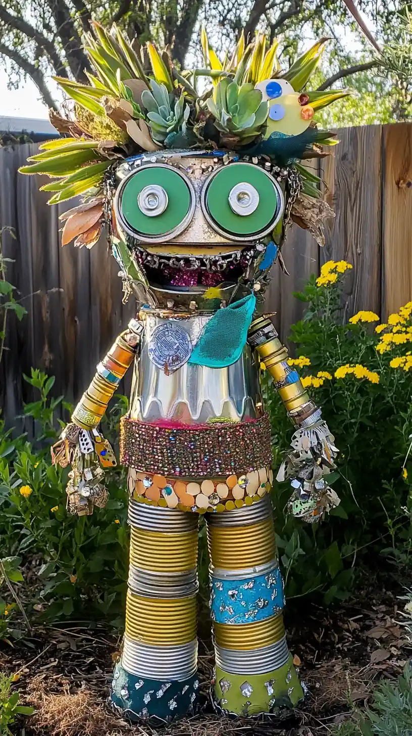 Recycled Tin Can Figure Standing In A Lush Garden