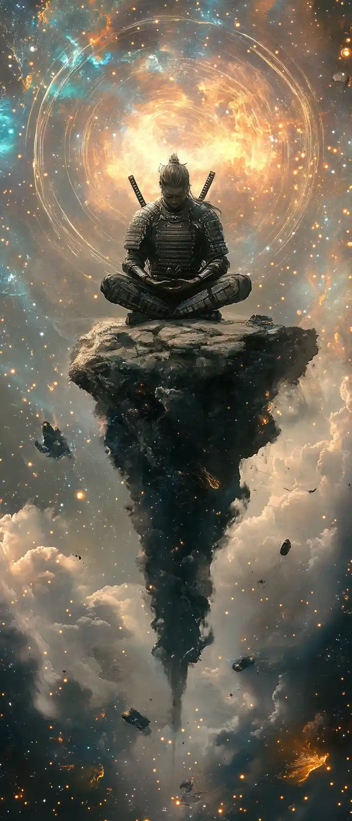 Samurai warrior meditating on a floating island in space