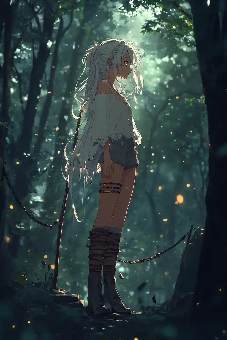 Anime girl in a glowing forest treehouse balcony