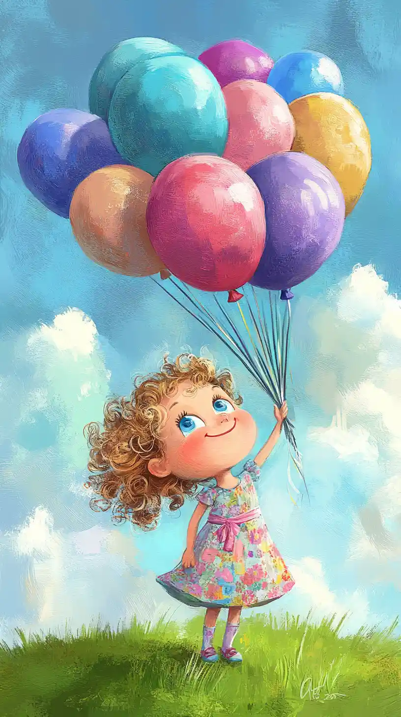 Little girl with pastel balloons in sunny grassy field