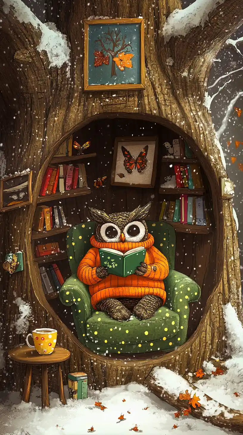 Owl Reading In A Cozy Hollow Tree Room