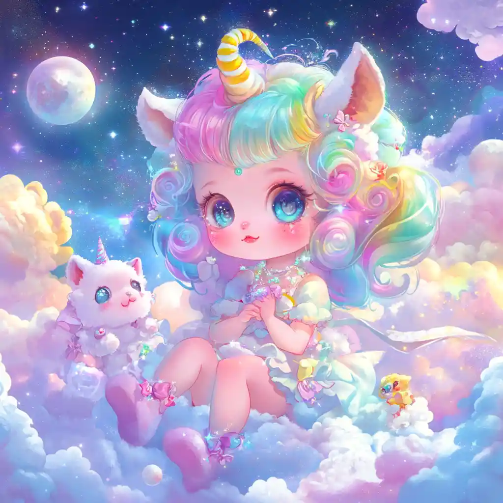 Chibi fairies drifting through a dreamy candy colored cosmos