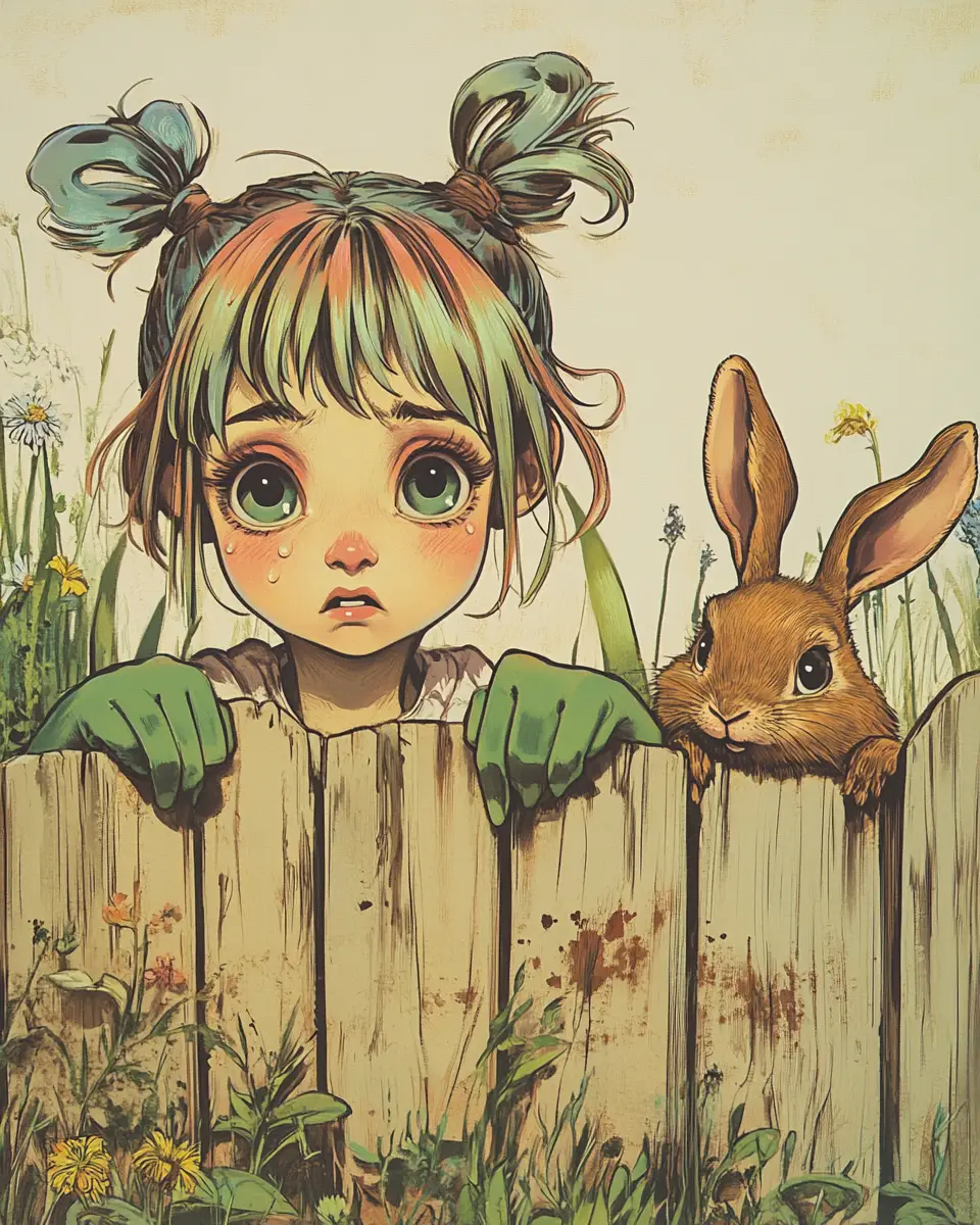 Anthropomorphic rainbow character by rustic wooden fence