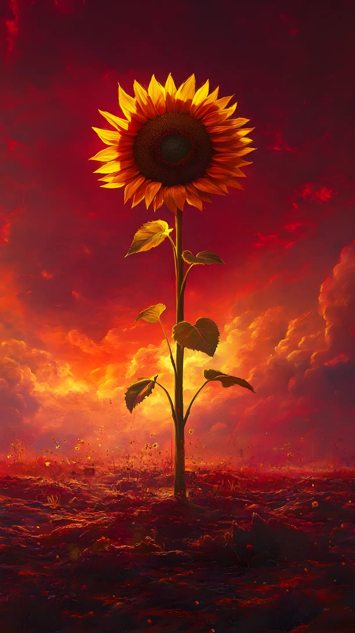 Giant sunflower in a red alien sky landscape