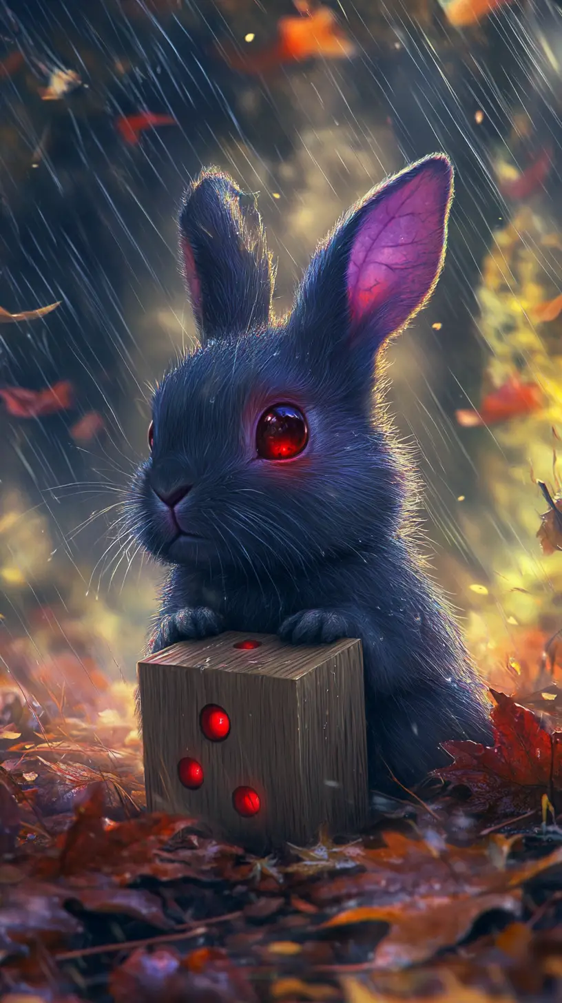 Domino On Autumn Leaves With Creeping Purple Rabbits