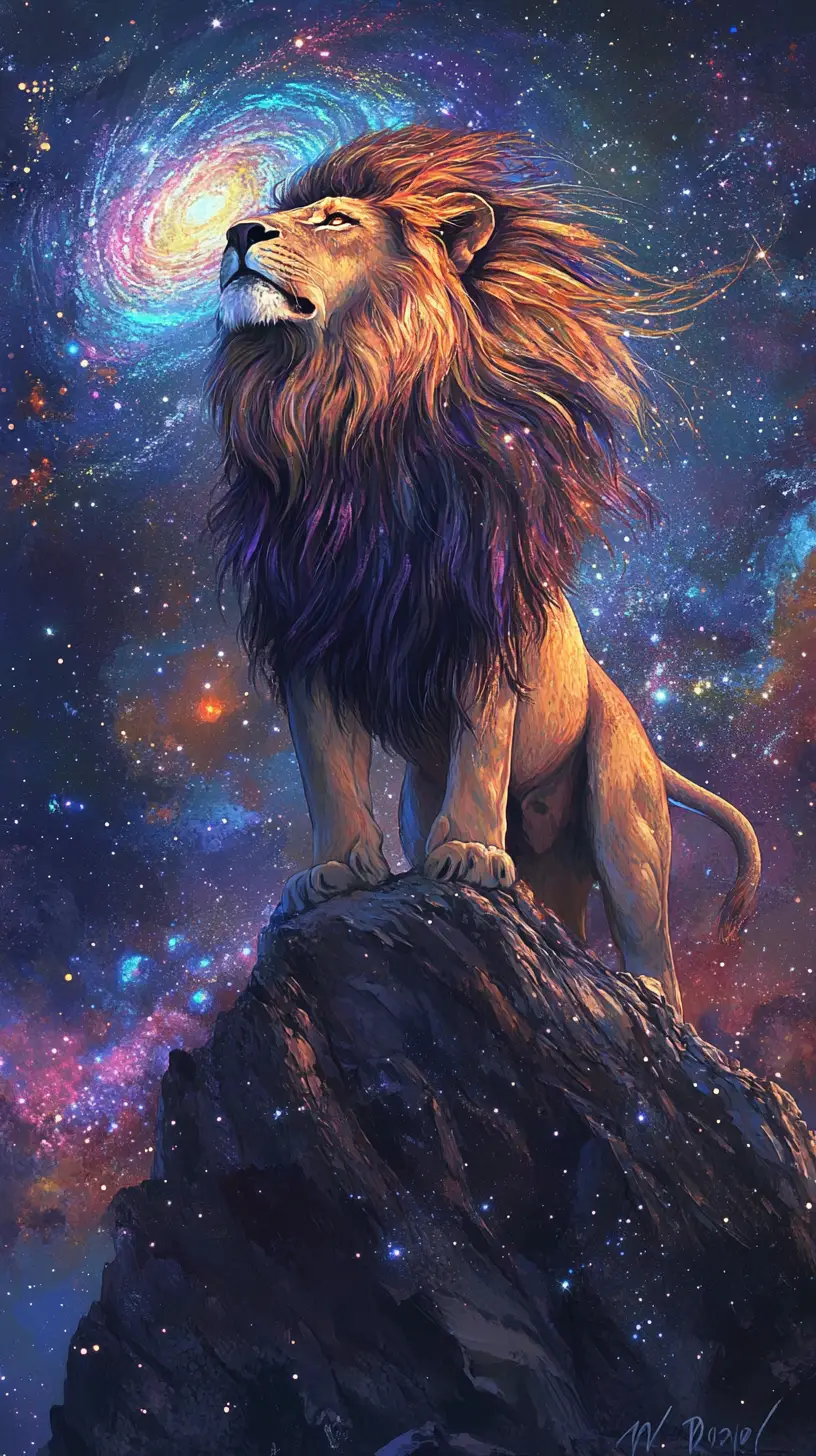 Majestic Lion On Cosmic Peak Under Starry Galaxy Sky