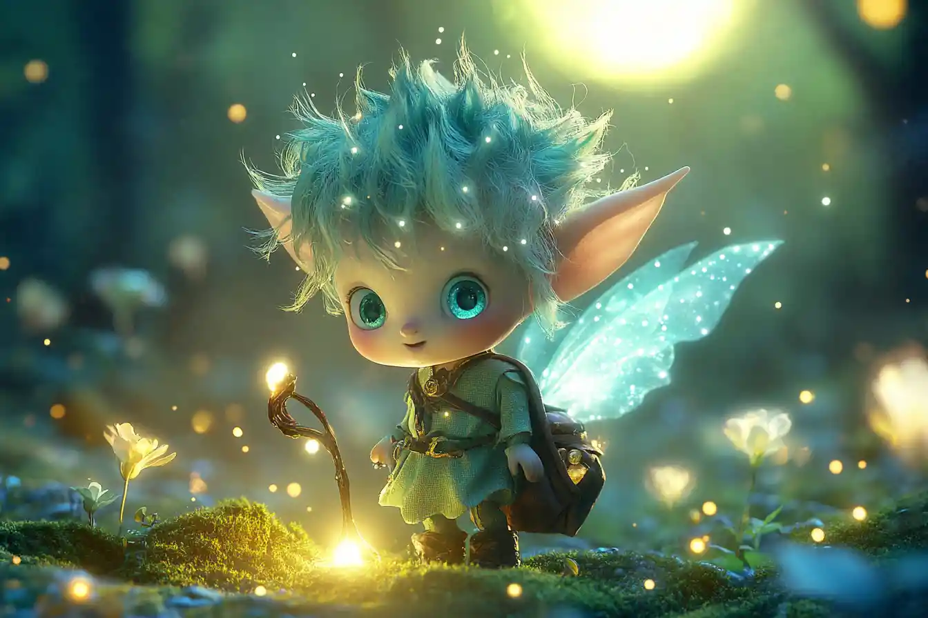 Chibi elf running through a glowing moonlit forest glade