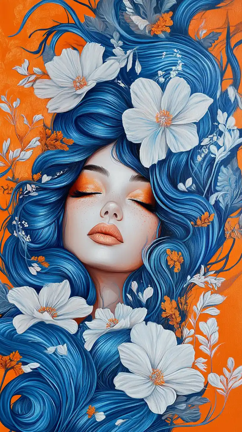 Blue haired woman portrait with floral accents