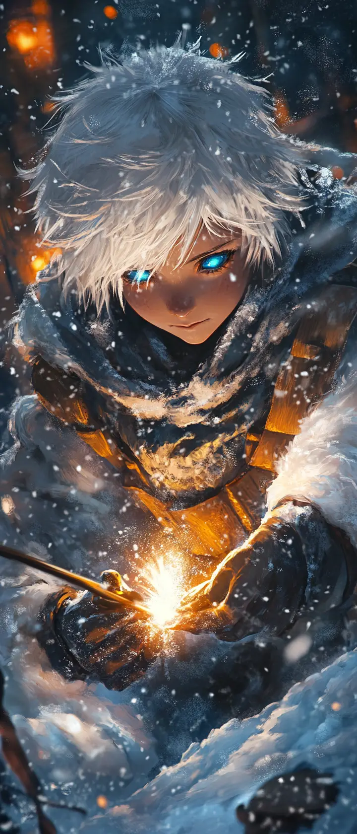 Anime polar bear boy forging a glowing pendant