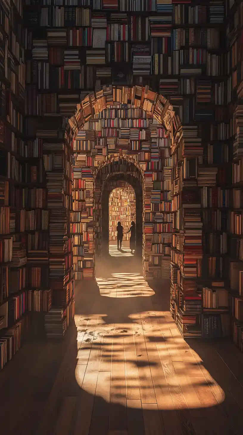 Towering book walls forming an immersive literary corridor