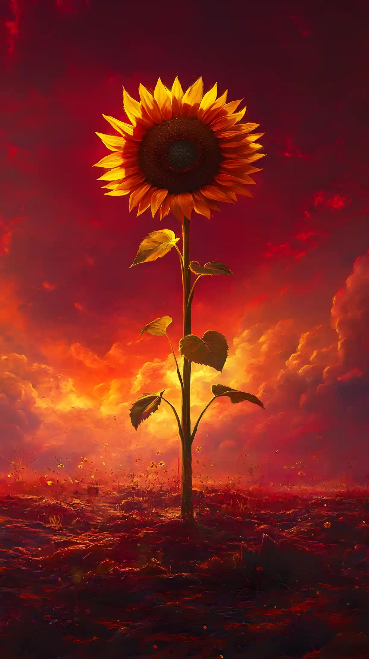 Giant sunflower in a red alien sky landscape