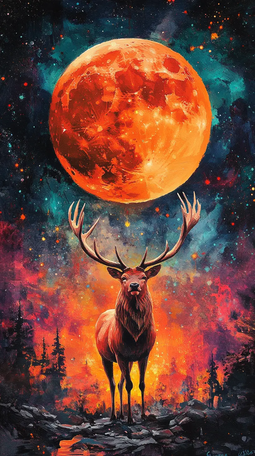 Deer Under Majestic Cosmic Sky With Massive Orange Moon