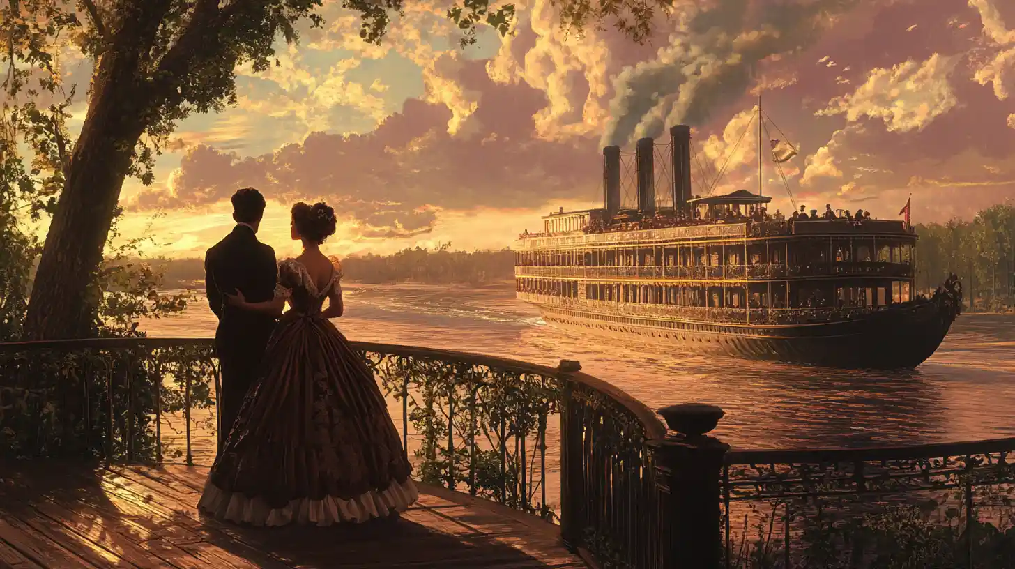 Victorian couple on a steamboat along the Mississippi River