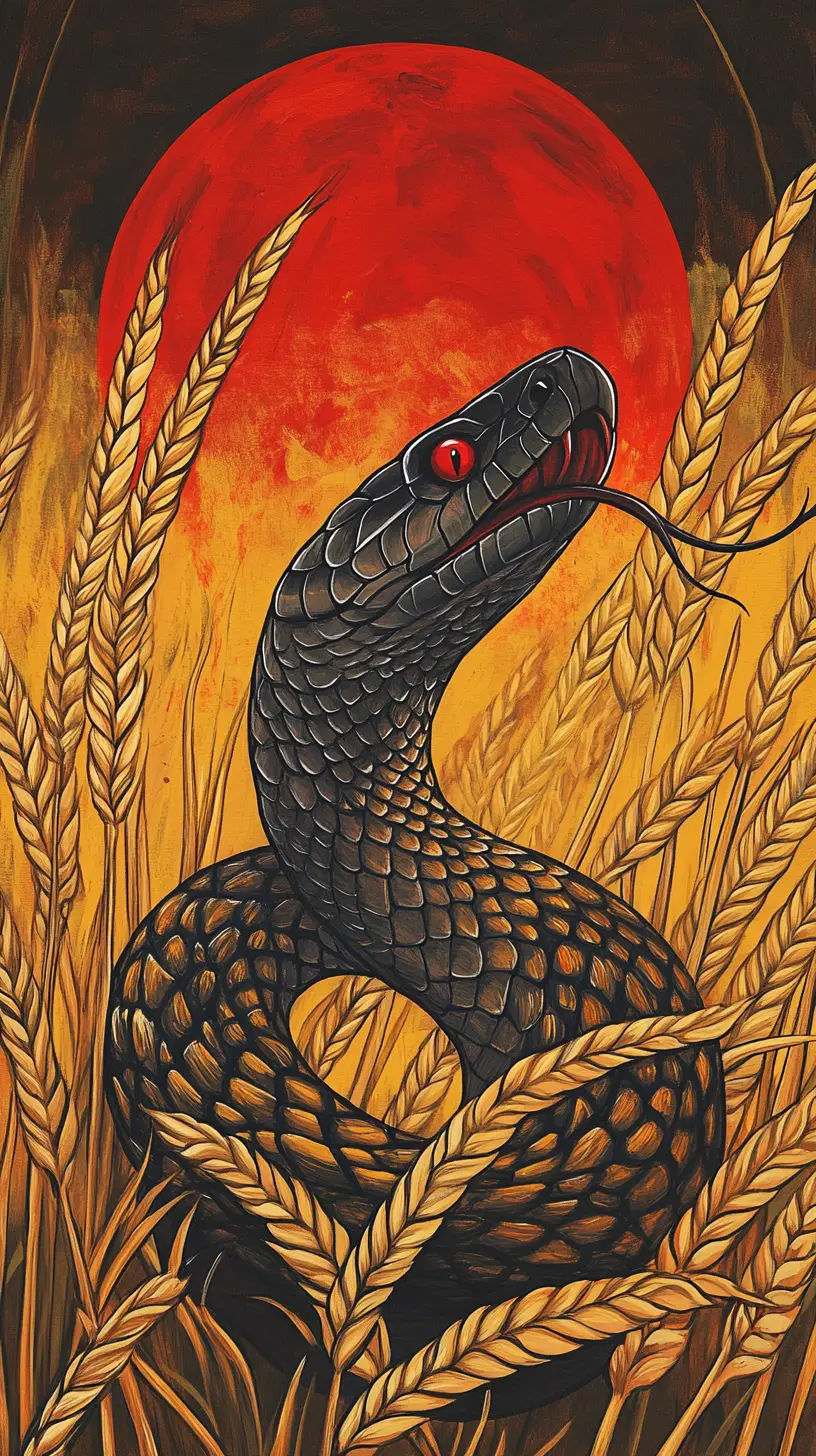Regal black cobra in golden wheat under red moon