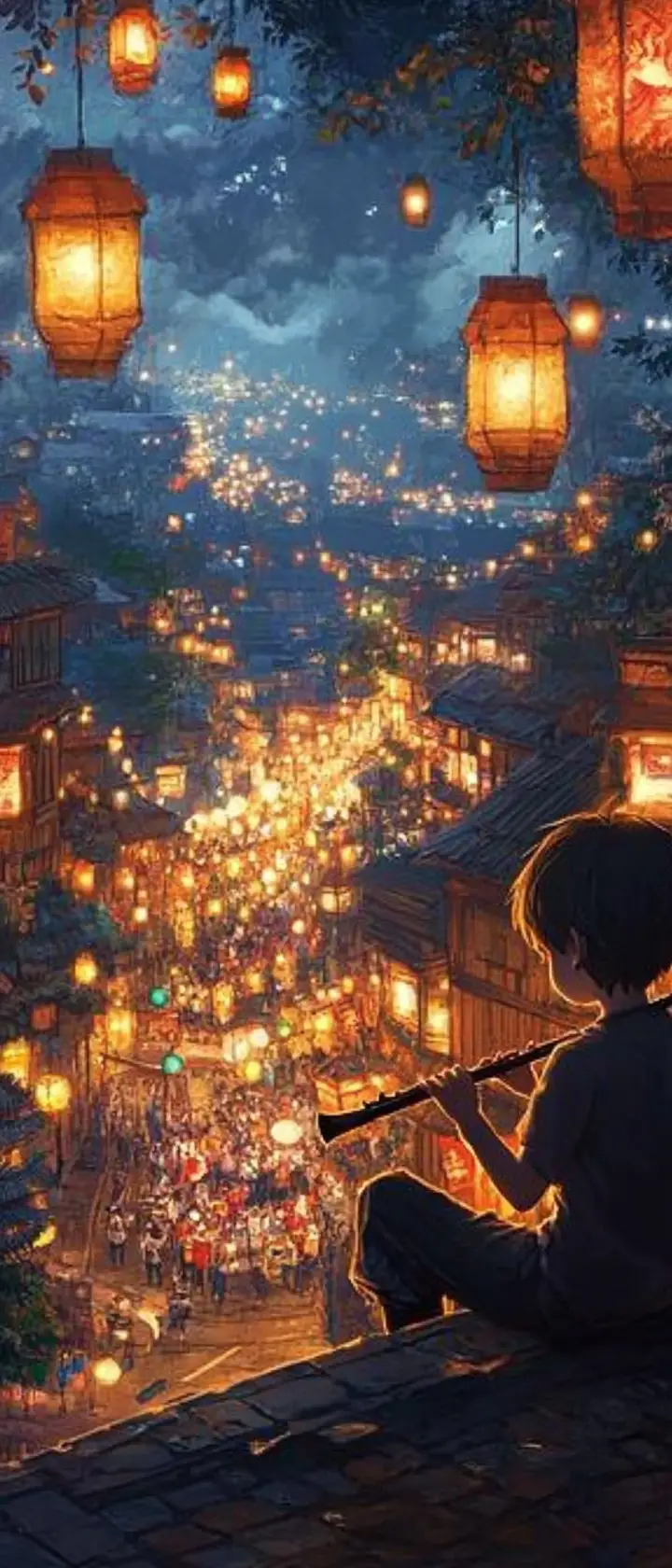 Anime boy playing flute in a warm village square