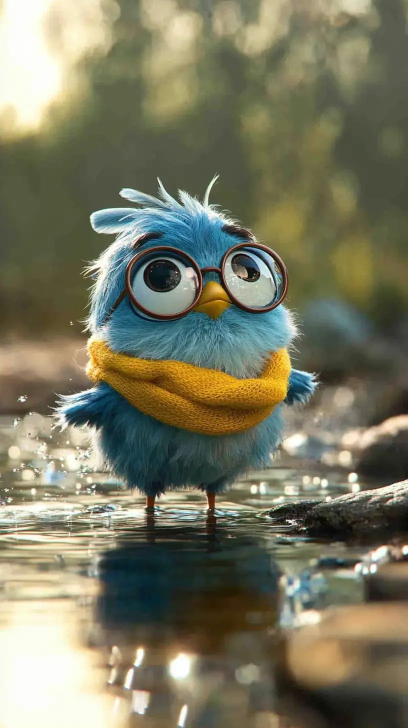 Cute blue bird splashing in pond with yellow scarf