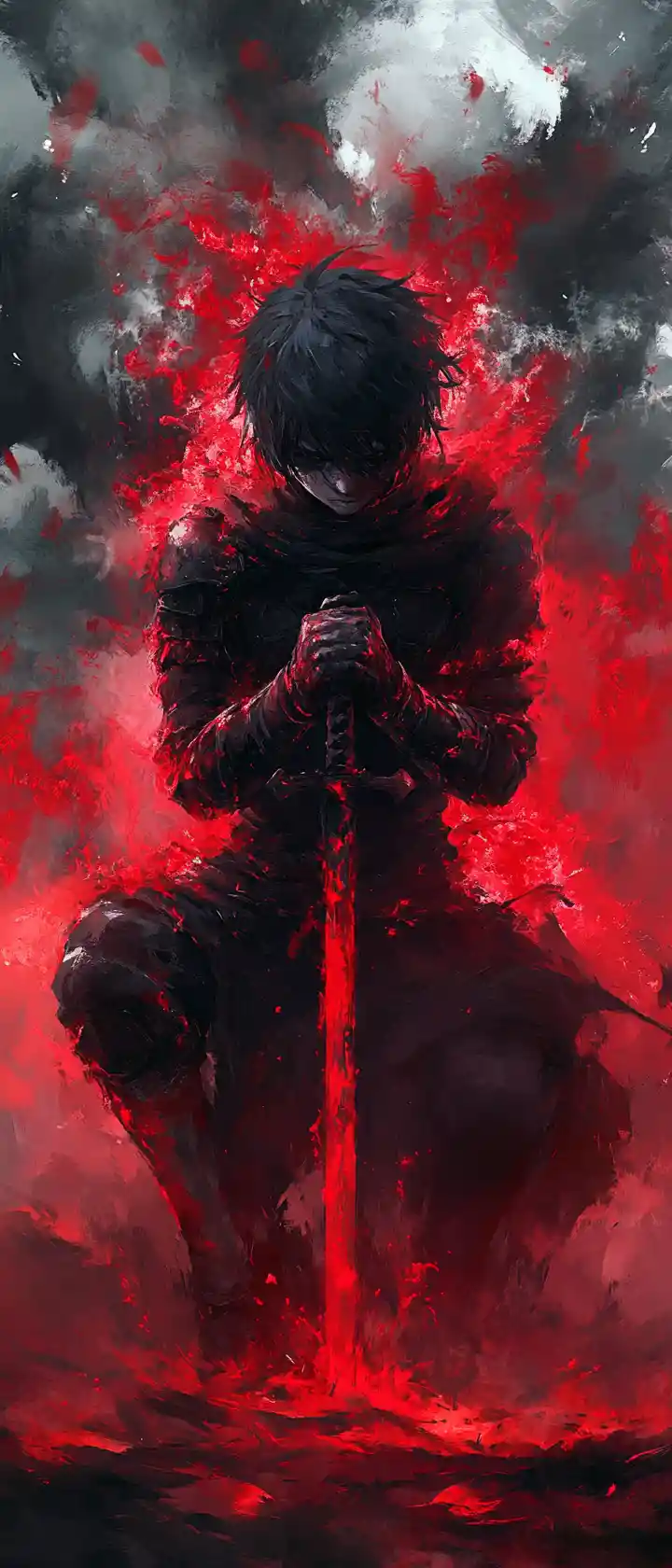 Anime warrior gripping weapon with sad determined gaze