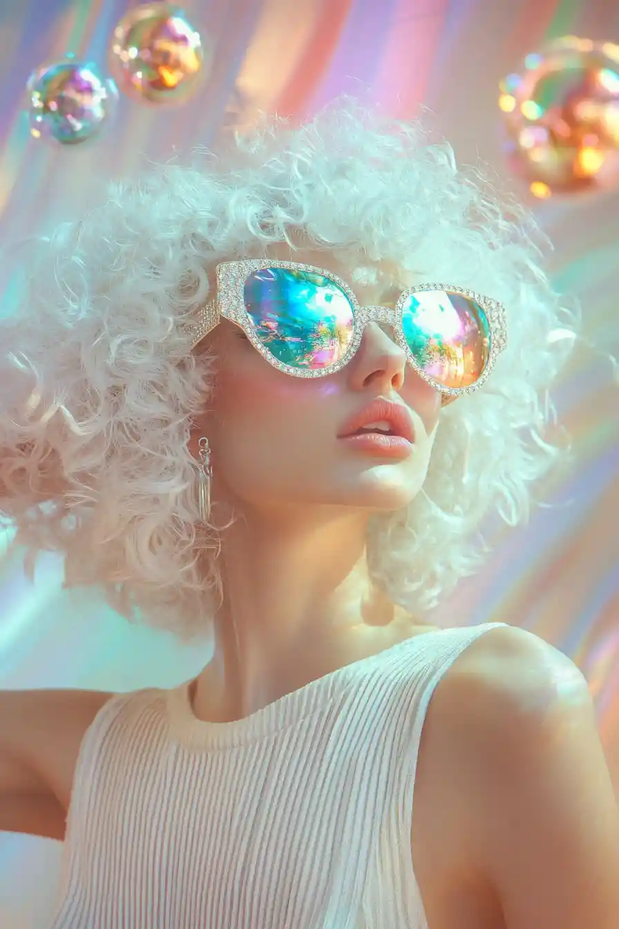 Surreal portrait of an iridescent fashion woman in sunglasses