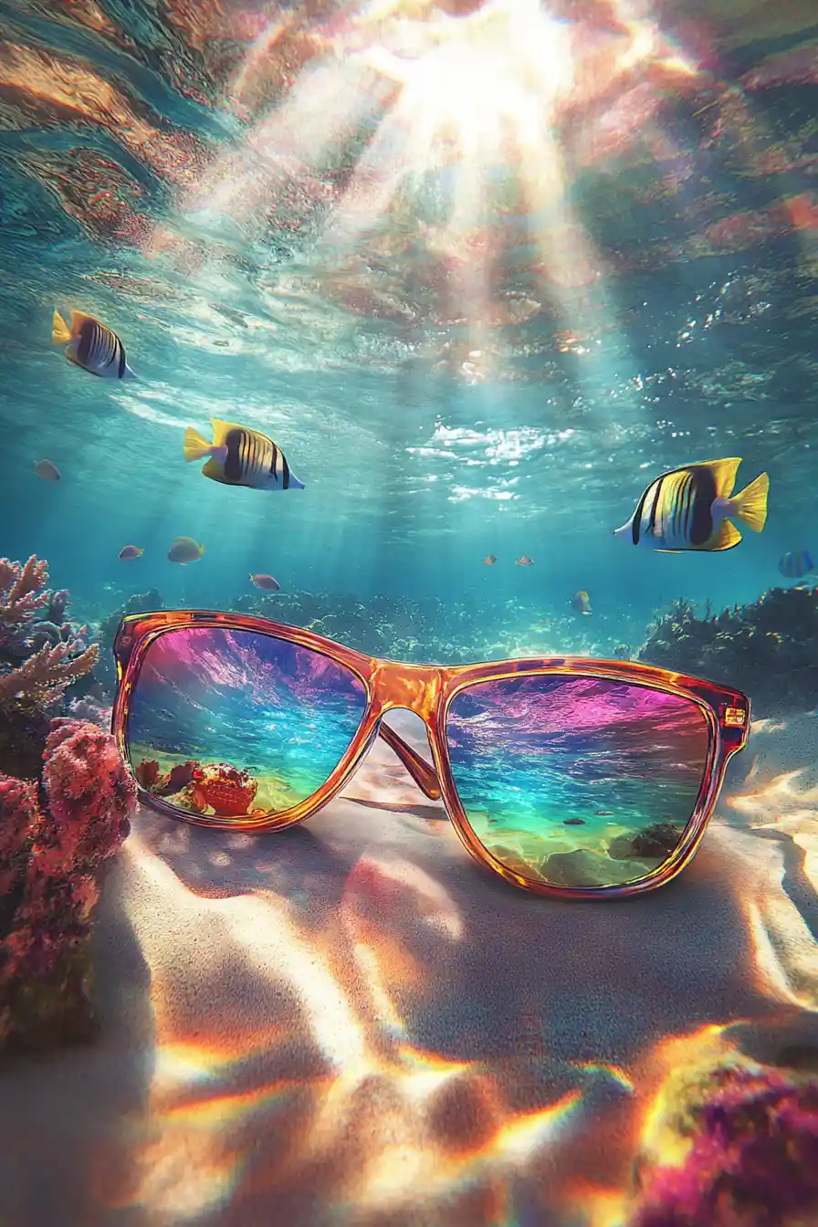 Colorful sunglasses resting on sand in a coral reef