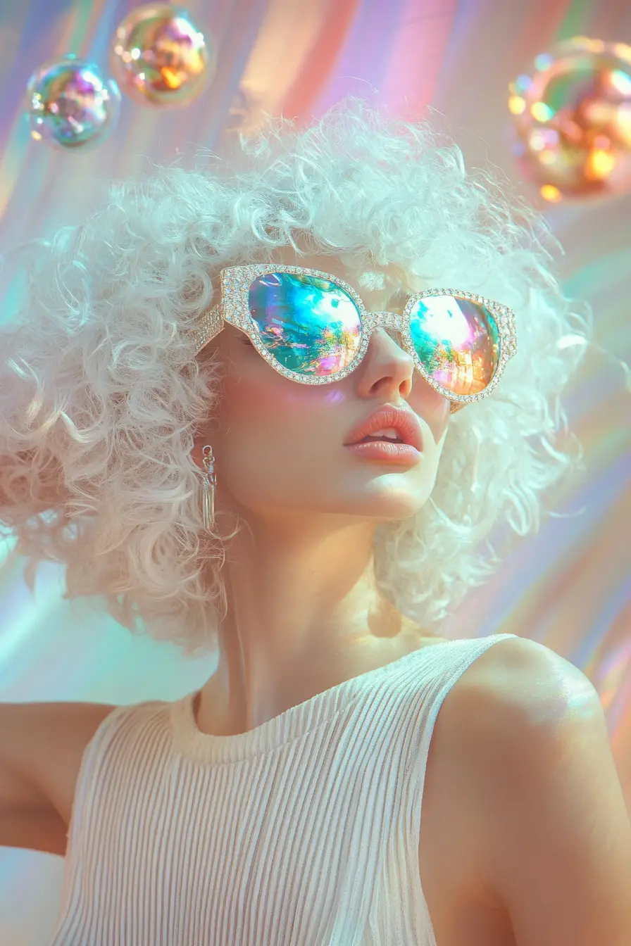 Surreal portrait of an iridescent fashion woman in sunglasses