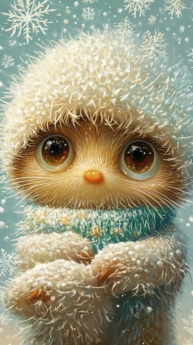 Surreal fuzzy winter animal in a snowy dreamscape