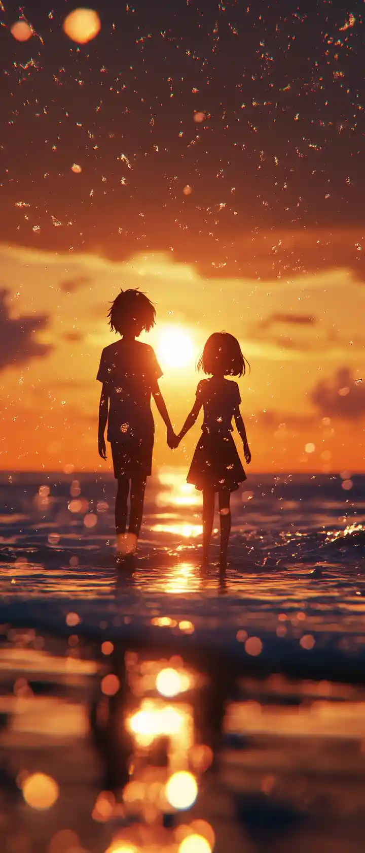 Anime siblings holding hands on a serene twilight beach