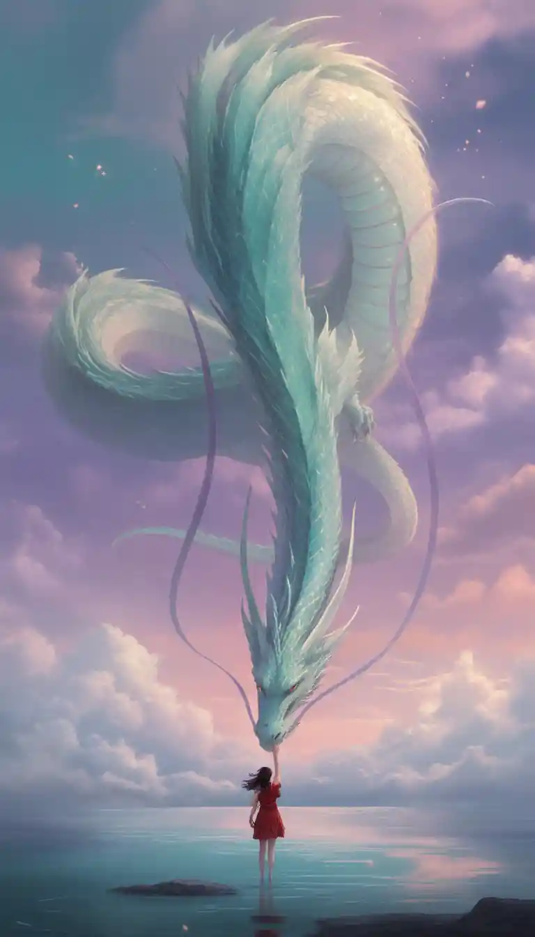 Serene Dragon And Woman In Dreamlike Water Landscape