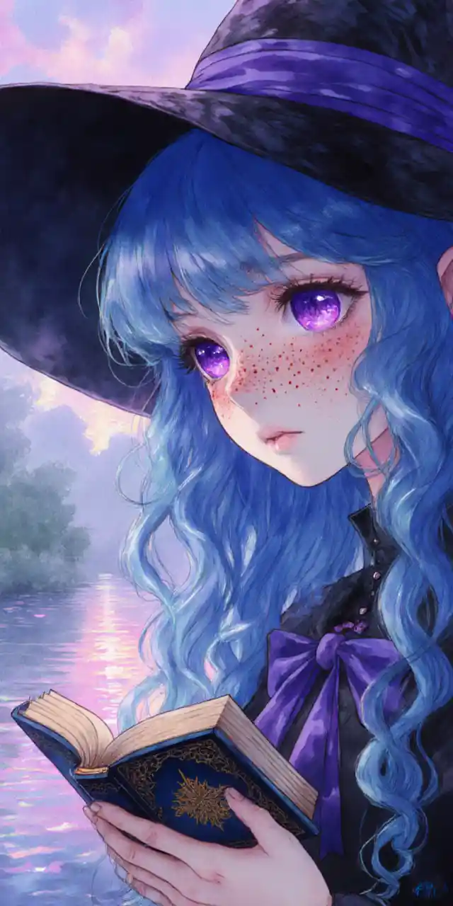 Ragazza strega in stile anime accanto a un fiume brillante al crepuscolo