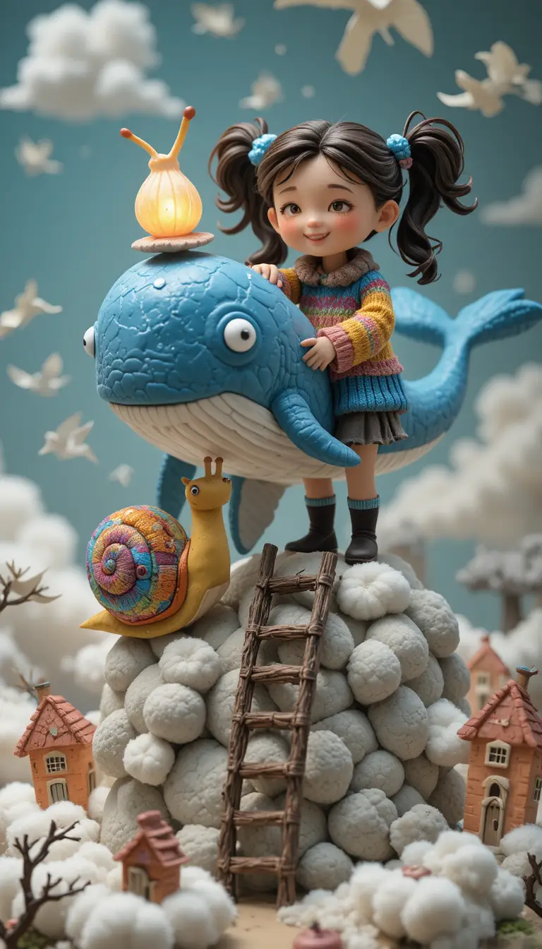 Clay girl placing glowing seashell on a sky whale