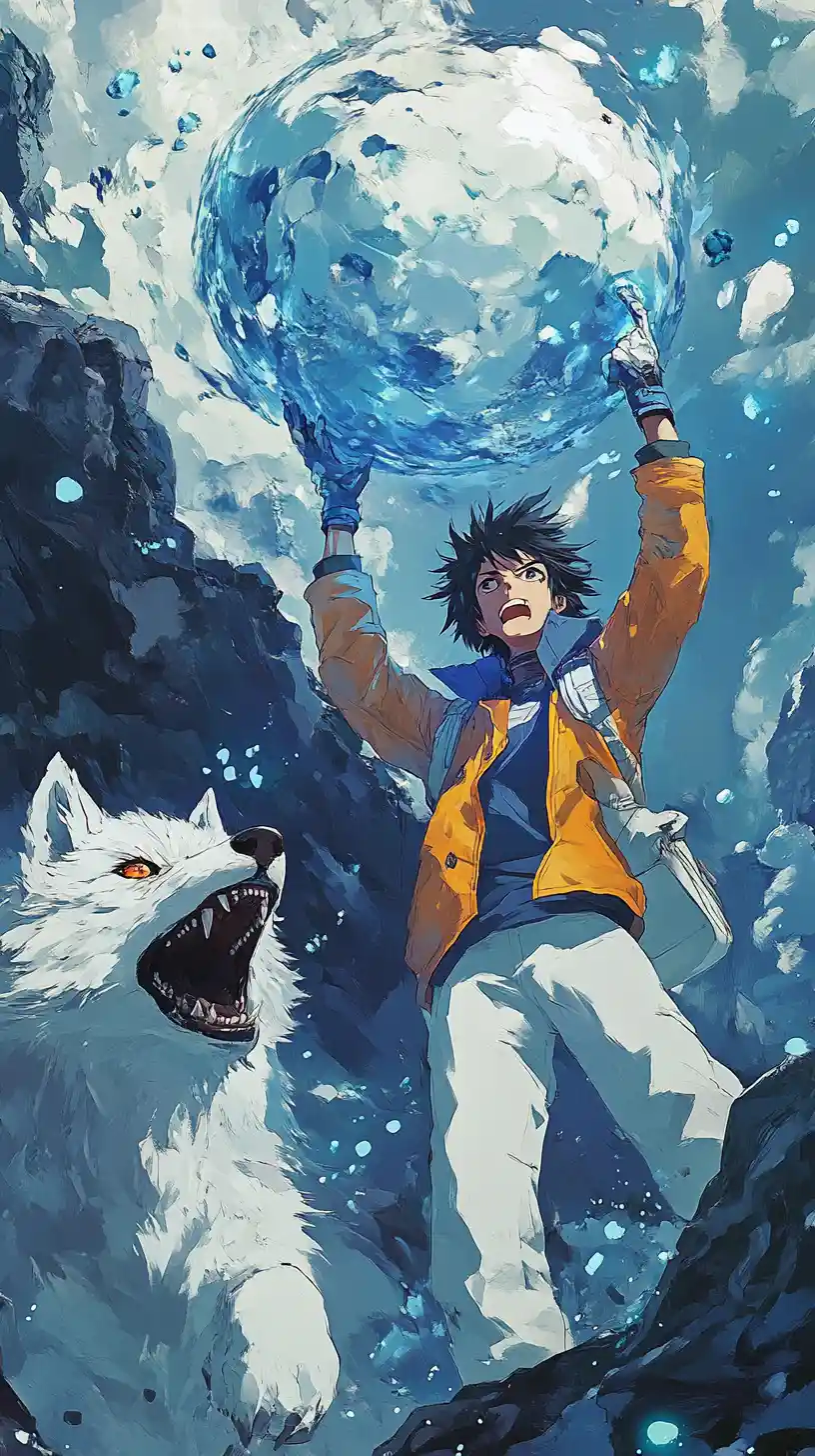Anime hero lifting glowing orb before mountain backdrop