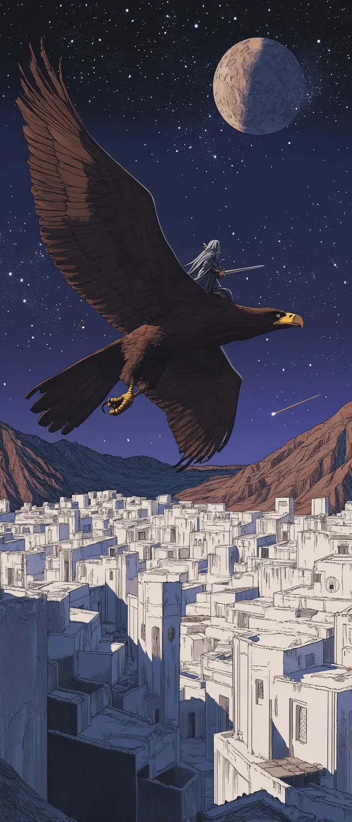 Giant eagle carrying a lone swordsman over desert town