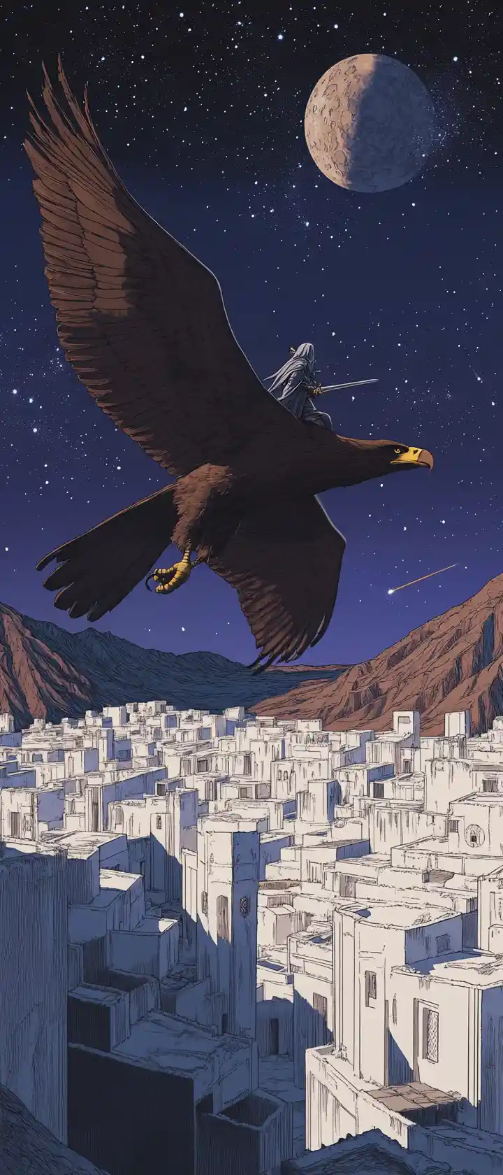 Aquila gigante che trasporta un solitario spadaccino sopra una città nel deserto