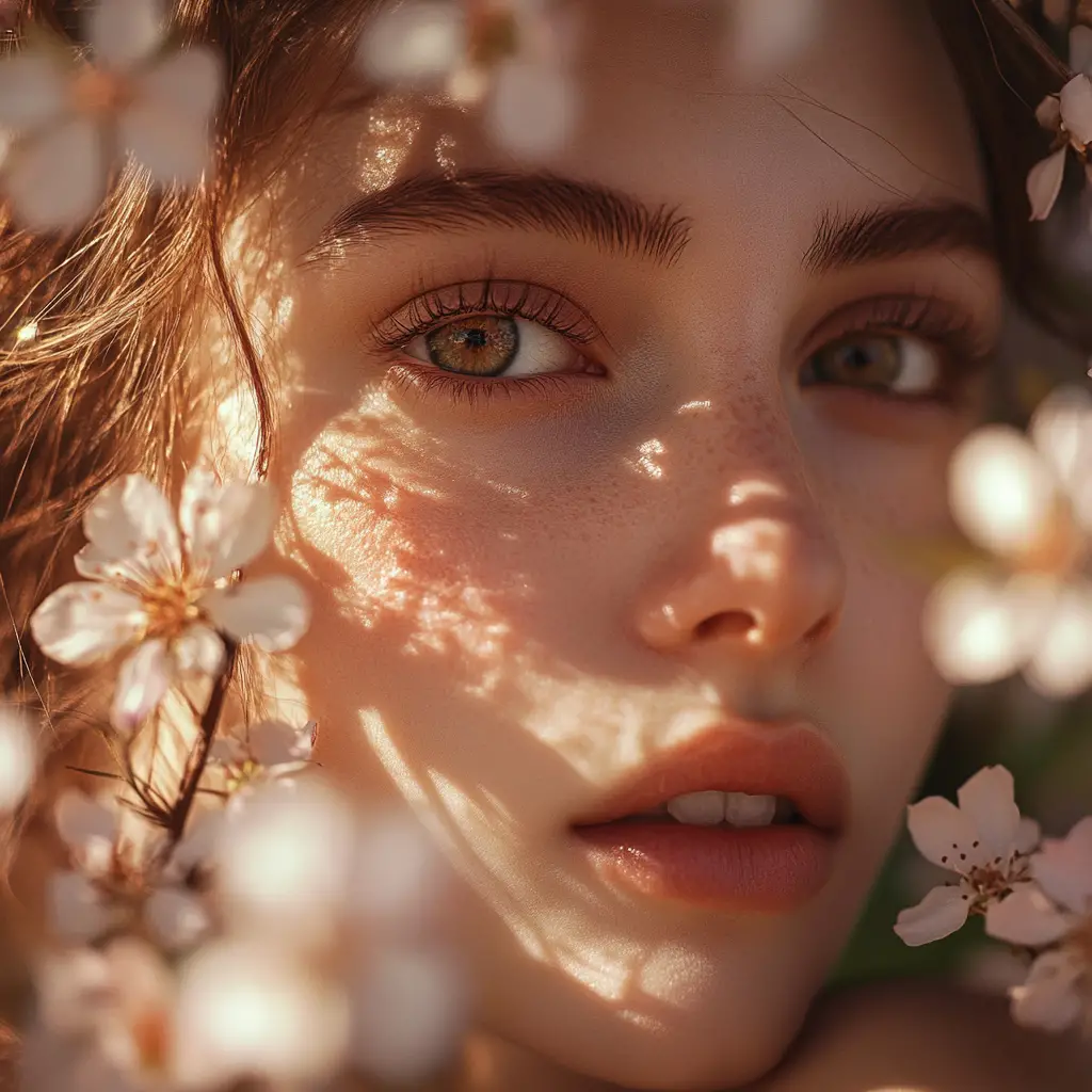 Dreamy close up portrait of girl with spring flowers