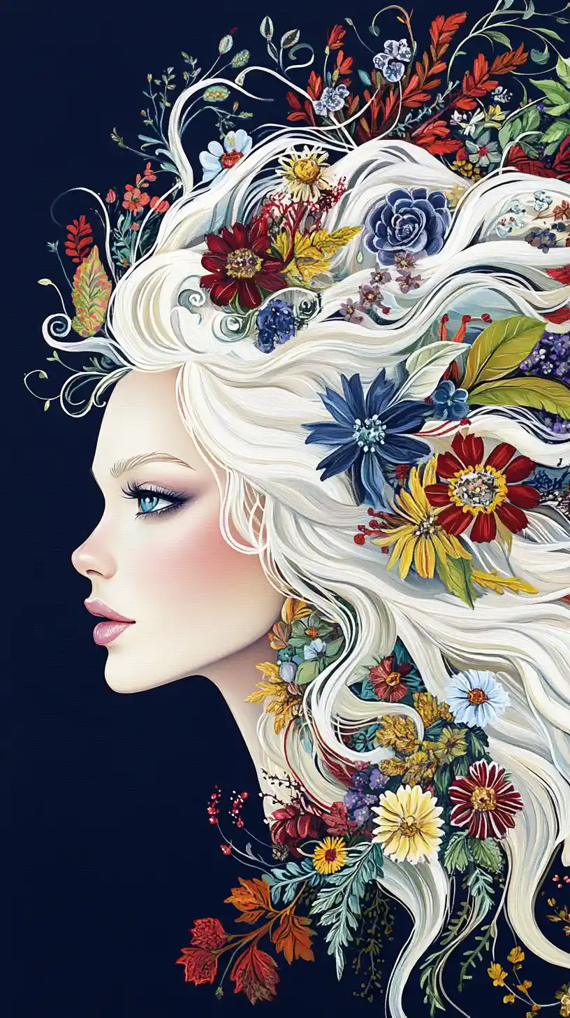 Woman with flowing white hair and vibrant wildflowers