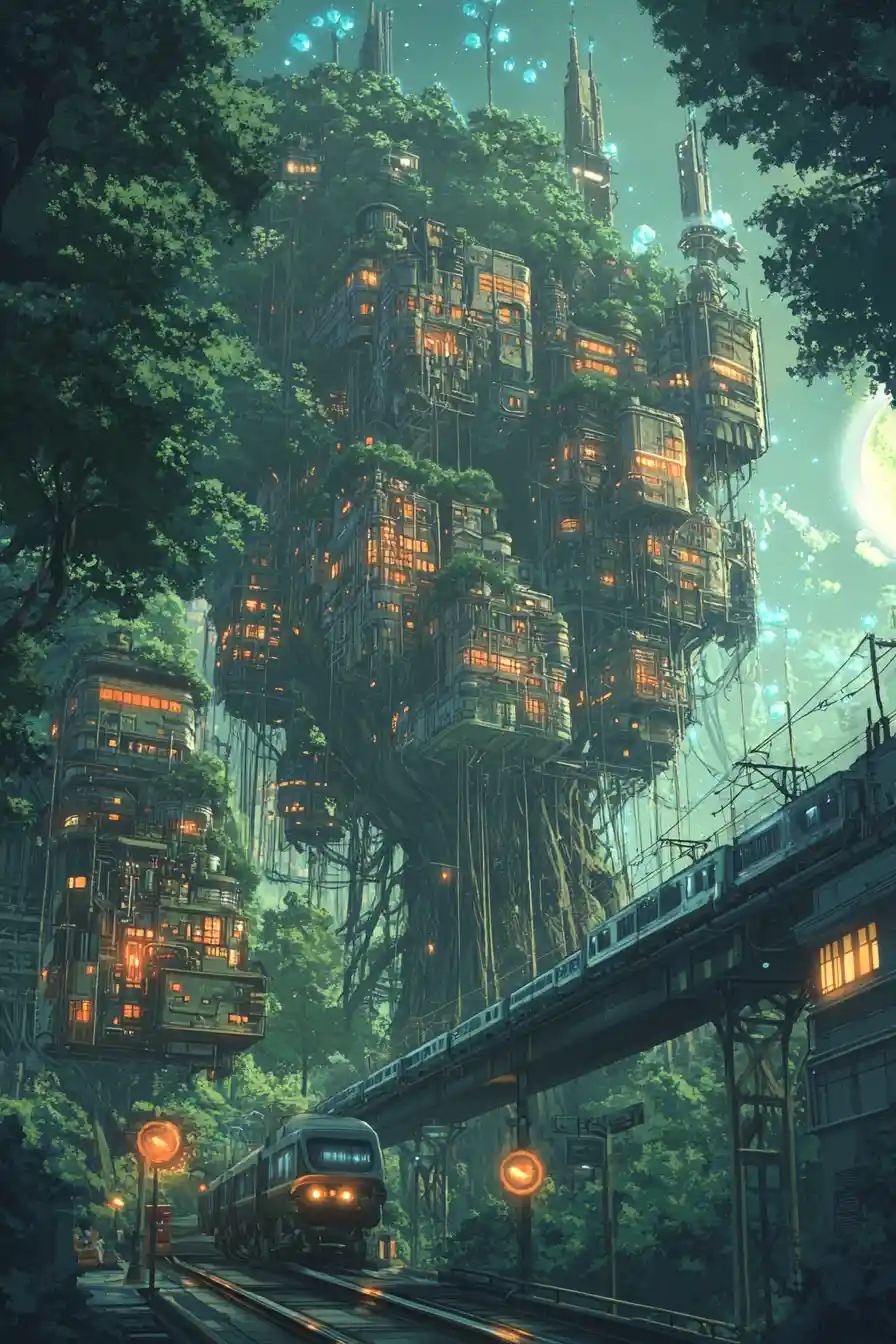 Anime forest city grown into towering living trees