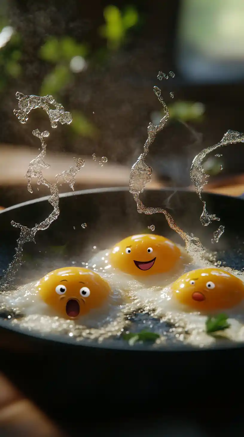 Animated frying pan with expressive eggs and rising steam
