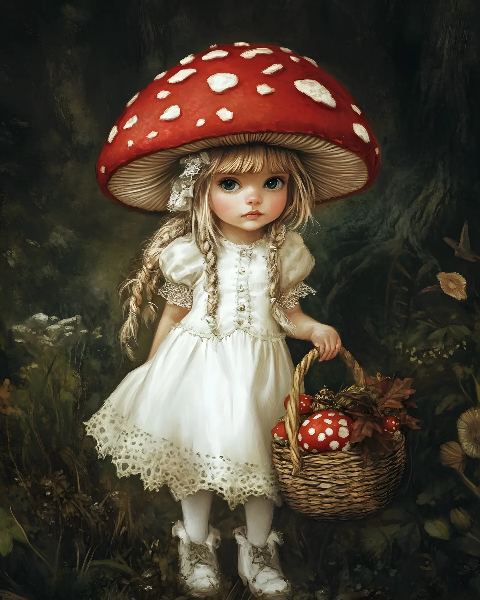 Whimsical girl with toadstool hat in dark fairy tale scene