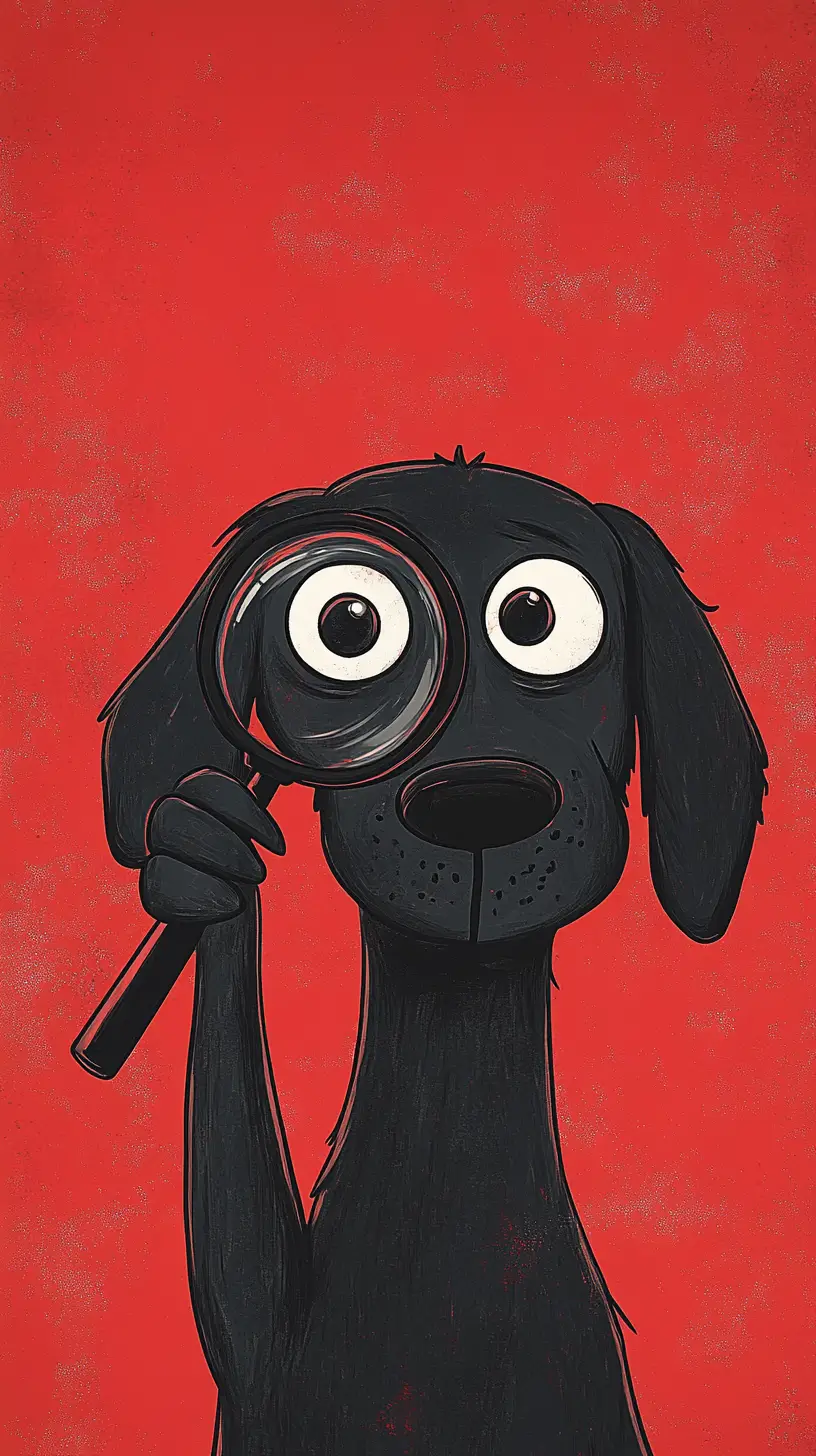 Curious cartoon black dog with magnified eye illustration
