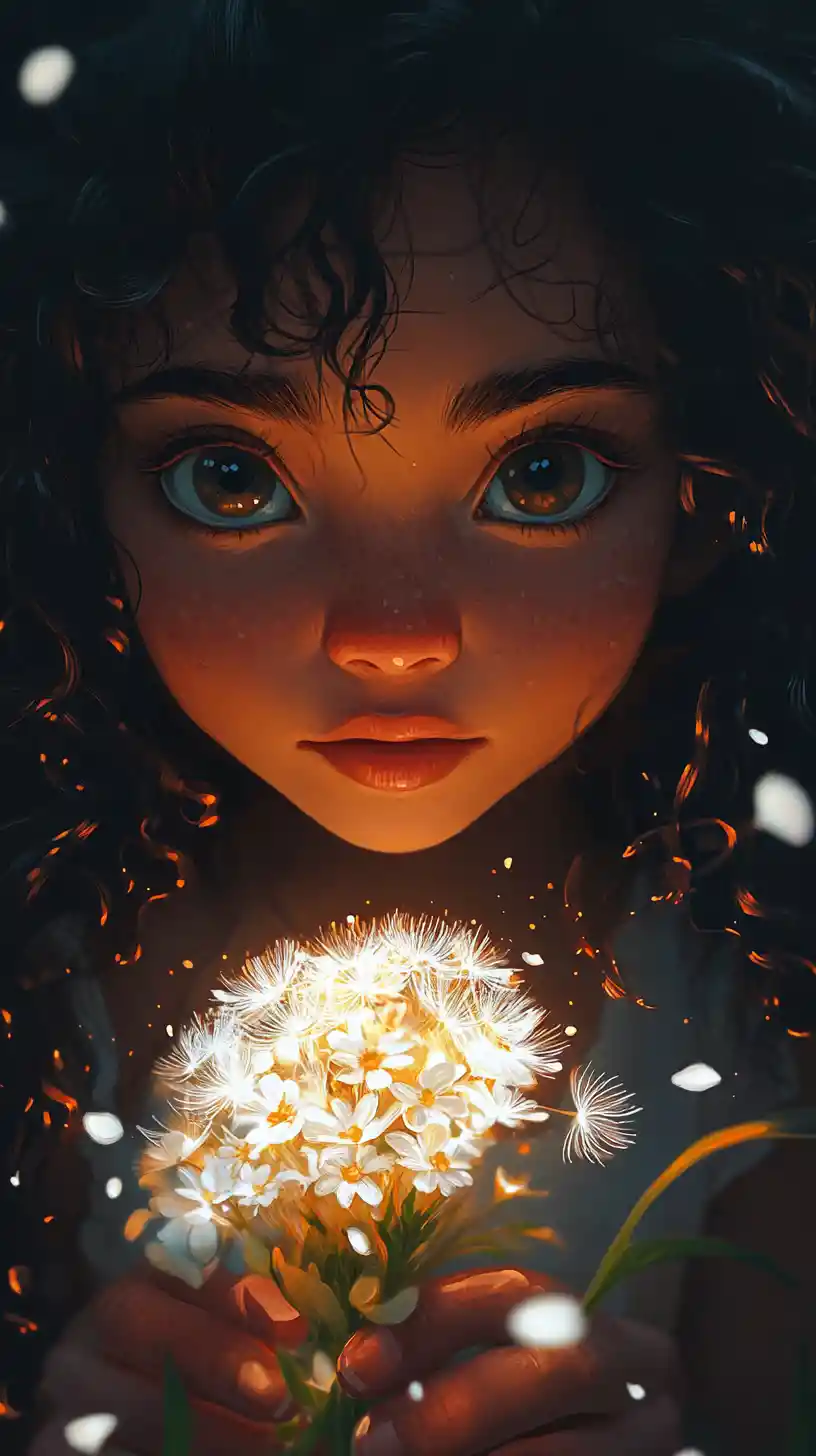 Curious girl holding glowing white flowers at dusk