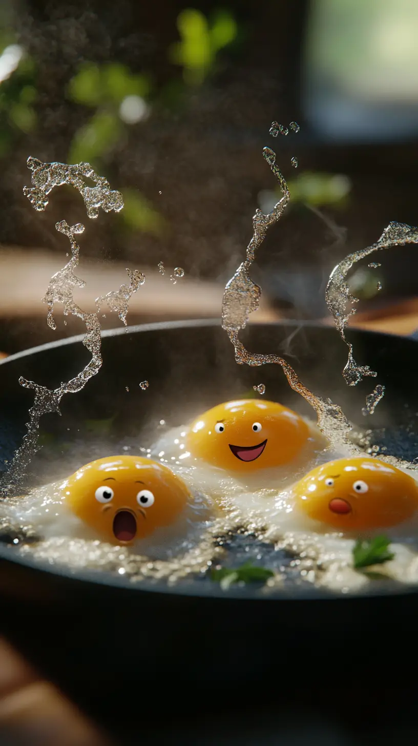 Animated frying pan with expressive eggs and rising steam