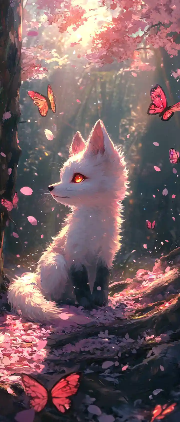 Anime baby fox in a sunlit cherry blossom grove