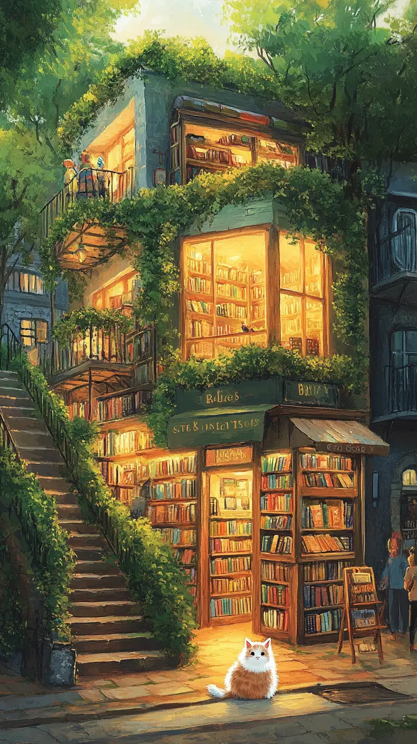 Cozy impressionist painting of a foliage covered bookstore
